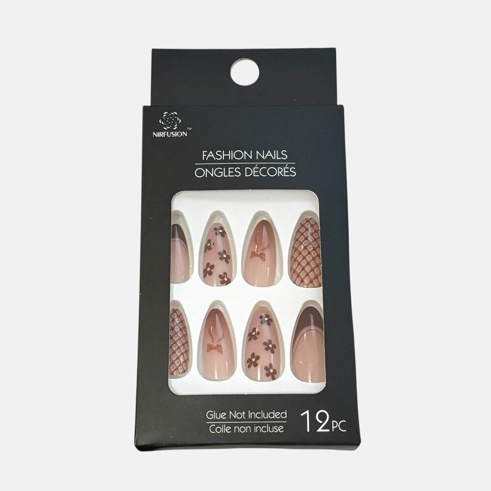 Floral Nude Press On Nails | Almond Shape | 12 Piece | Brown Butterfly Design